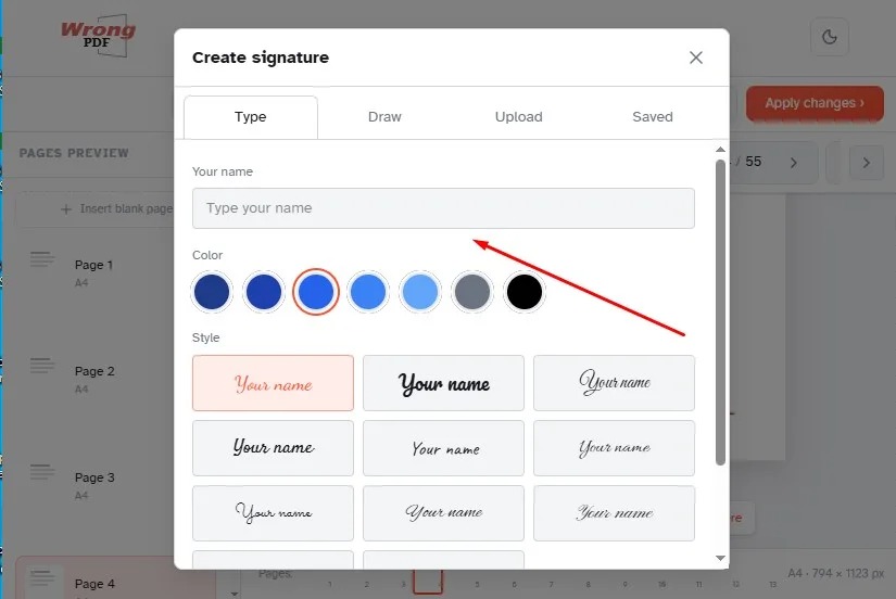 Create signature dialog